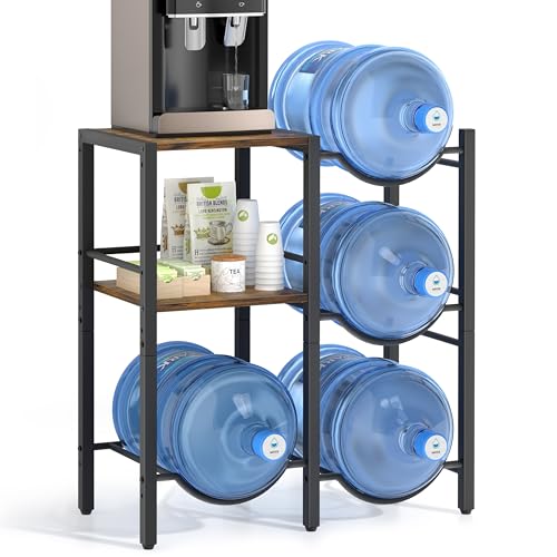 VINAEMO 5 Gallon Water Jug Holder, Water Jug Stand with Wood Storage Shelves, 5 Gal Water Bottle Holder Storage Rack with Water Dispenser Stand for Home/Office/Garage Organizer (Rustic Brown Wood)
