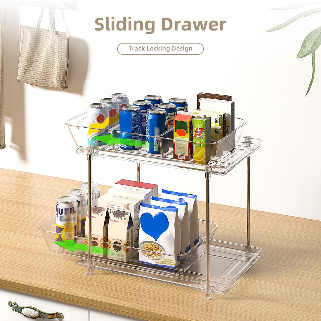 Under Sink Organizer 2 Pack, Clear Pull Out Drawer Storage with Movable Dividers A691