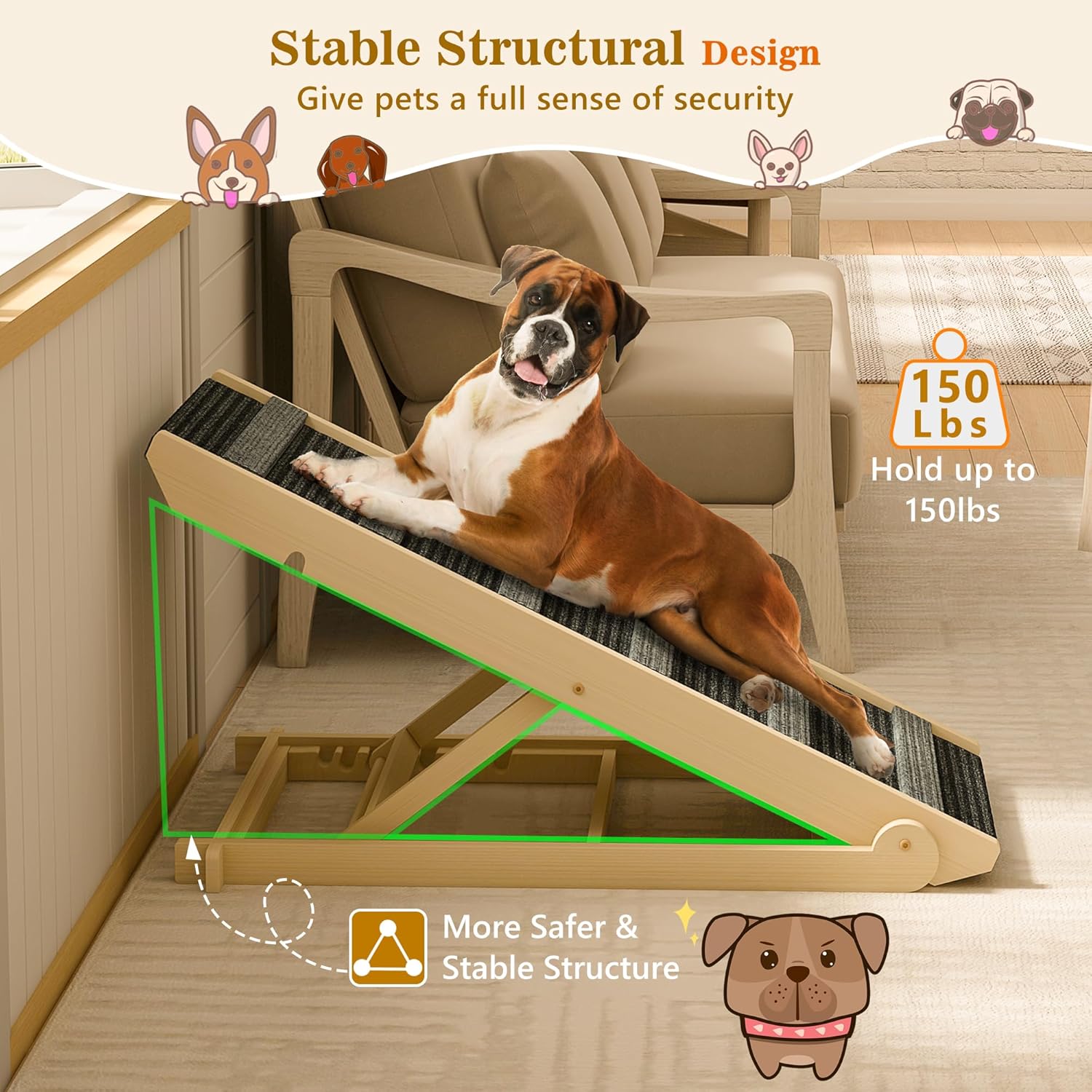 Portable Pet Ramp for Dogs and Cats, 7 Adjustable Heights, Non-Slip for Bed, Car and Couch T4130