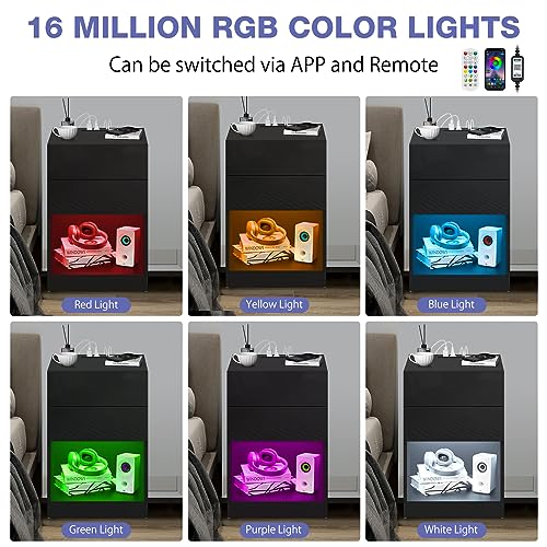 White LED Nightstand with Charging Station and Drawers V454