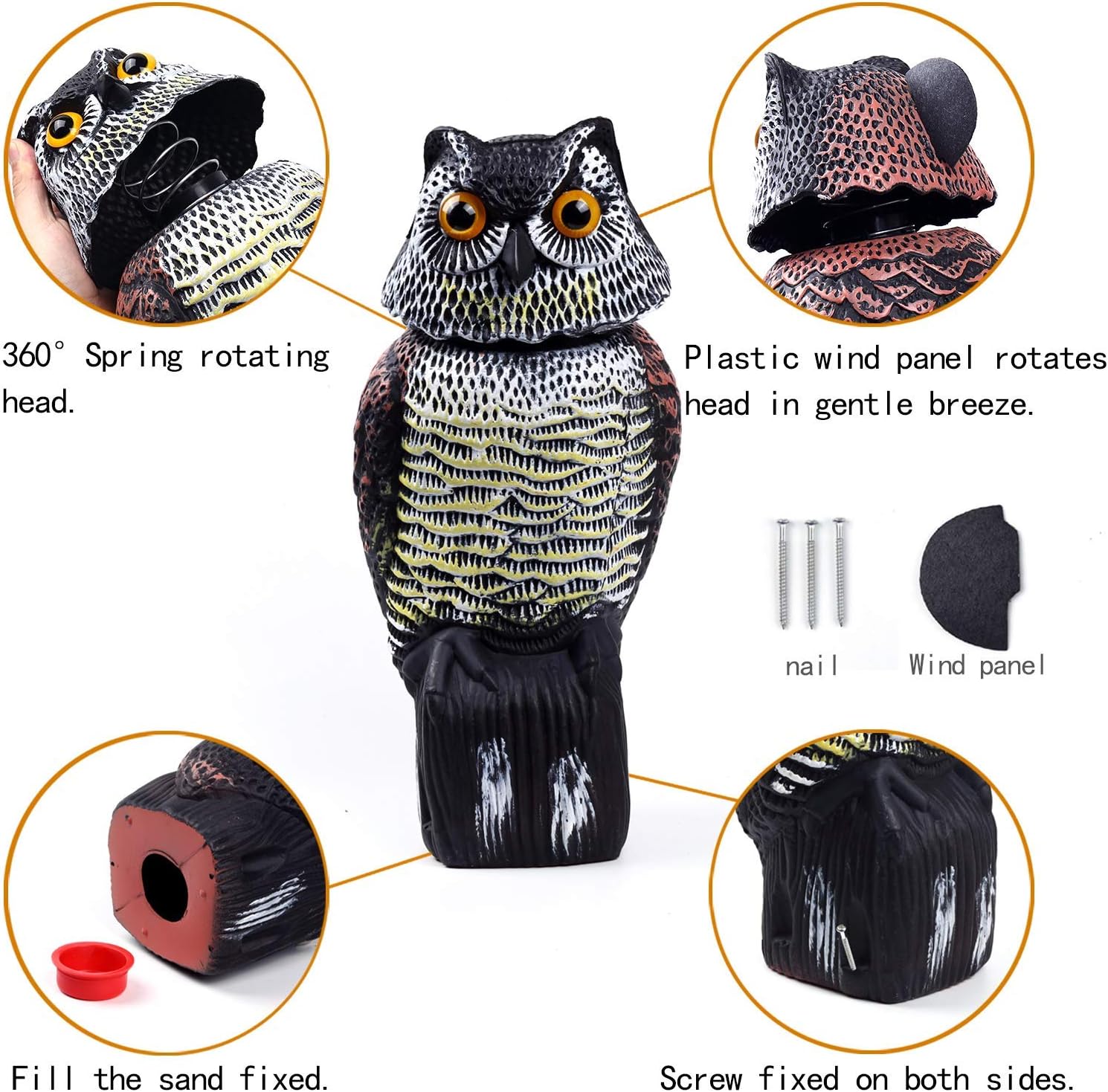 Owl Decoy with Rotating Head for Bird Deterrent K1693