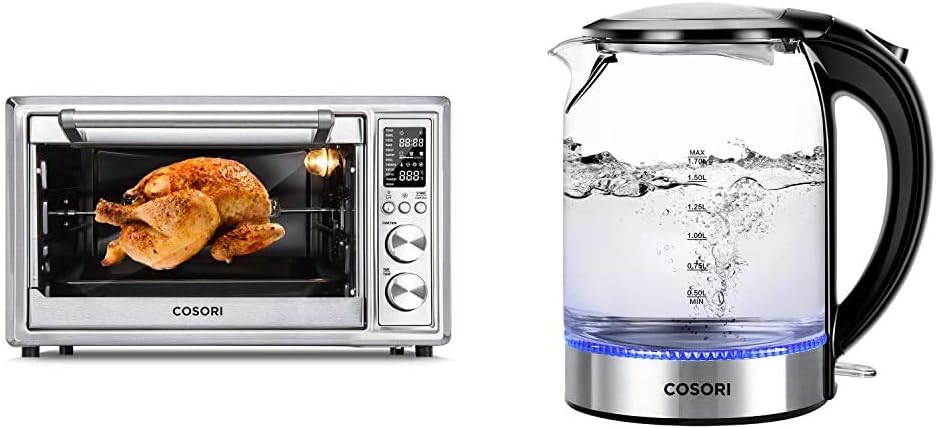 COSORI 12-in-1 Air Fryer Toaster Oven Convection Roaster with Rotisserie & Dehydrator, 30L, Silver & Electric Kettle Glass Boiler Hot Water & Tea Heater with LED Indicator Light, 1.7L, Black