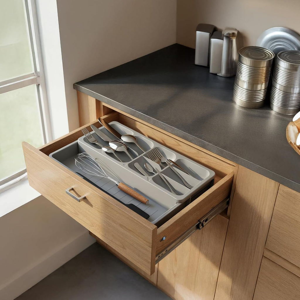 Expandable Kitchen Drawer Organizer, Adjustable Cutlery Tray, Gray E758