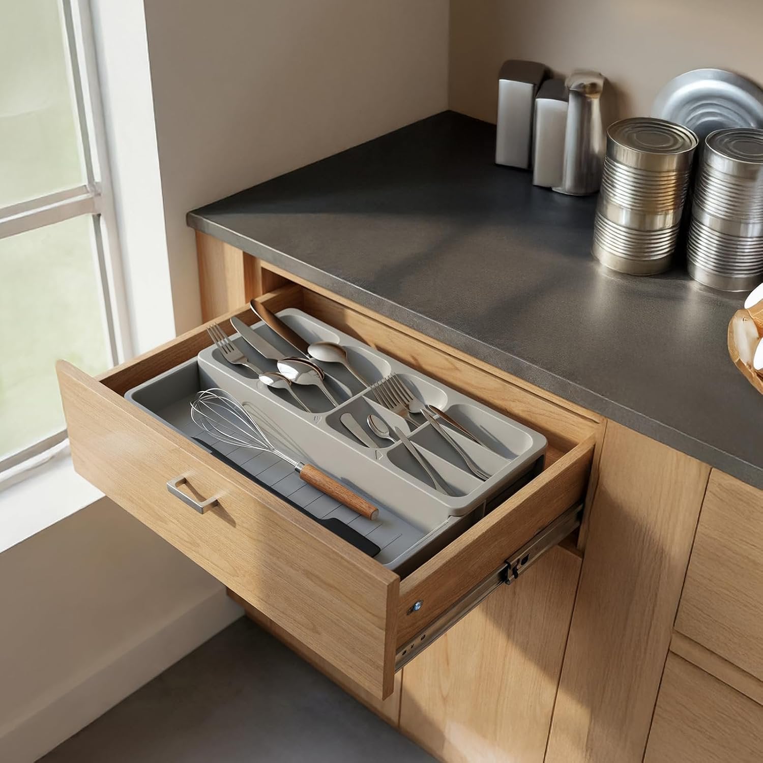 Expandable Kitchen Drawer Organizer, Adjustable Cutlery Tray, Gray E758
