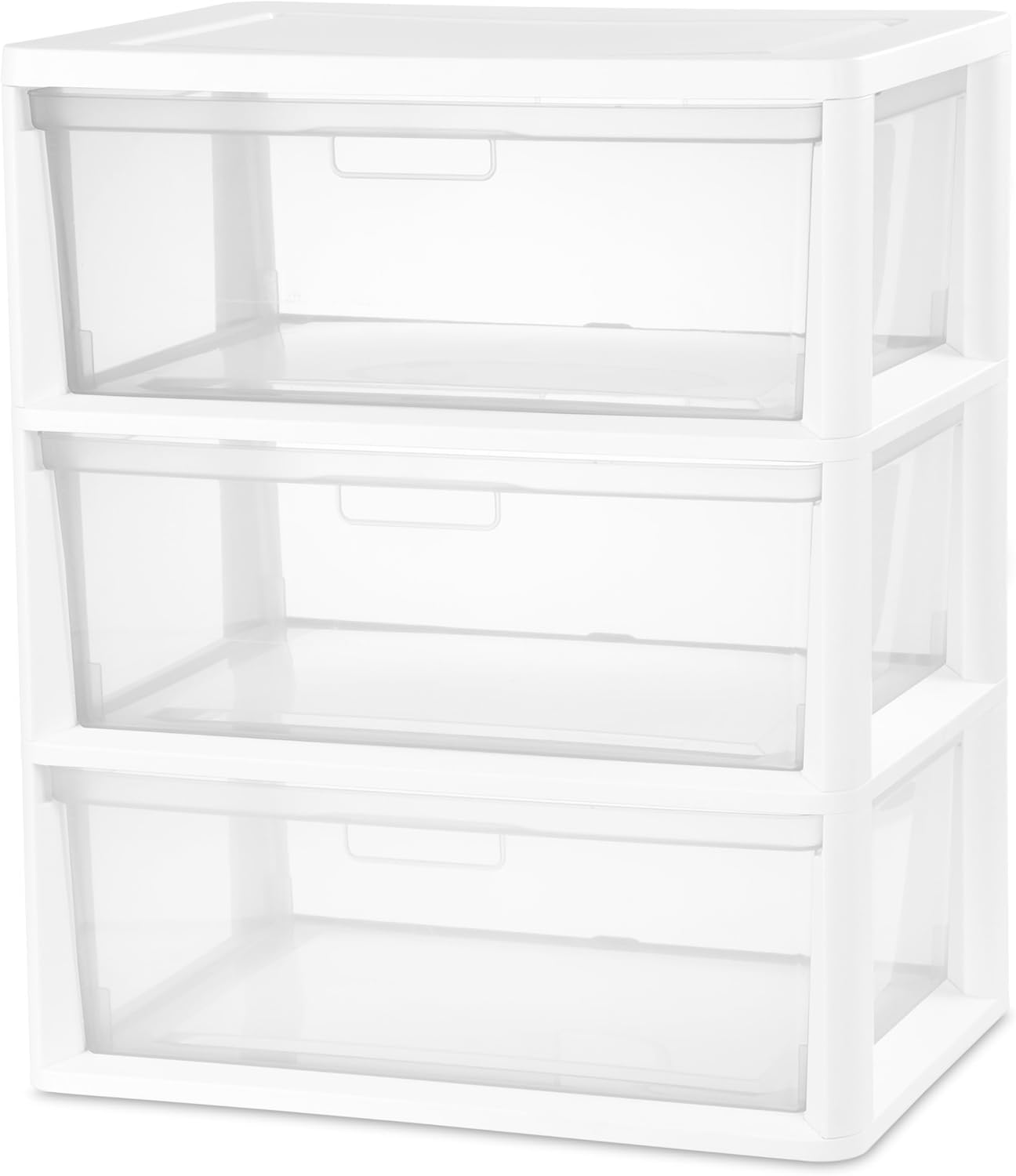 Sterilite Wide 3 Drawer Storage Tower, Plastic Bin Drawers with Handles Organize Clothes in Closet, Easy Assembly, White with Clear Drawers, 1-Pack