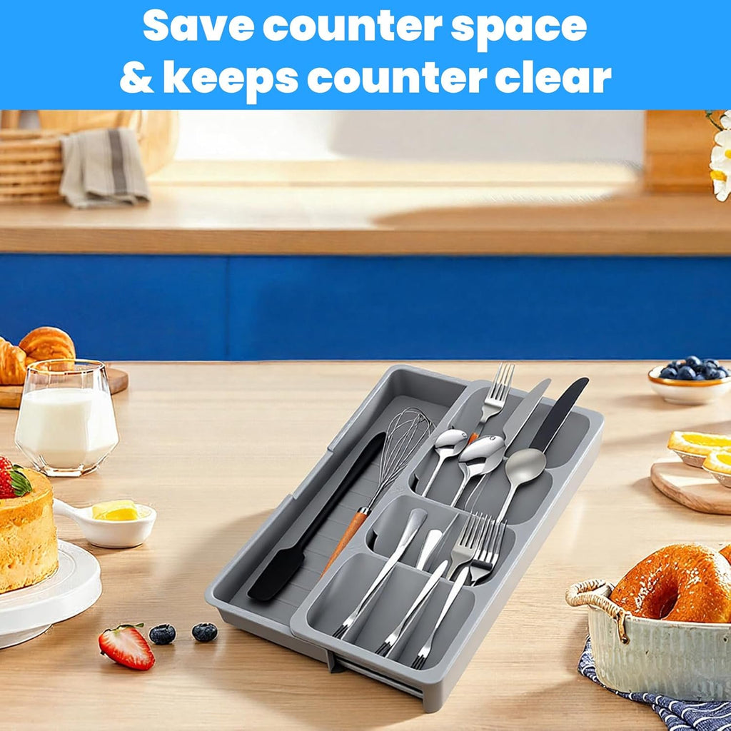 Expandable Kitchen Drawer Organizer, Adjustable Cutlery Tray, Gray E758