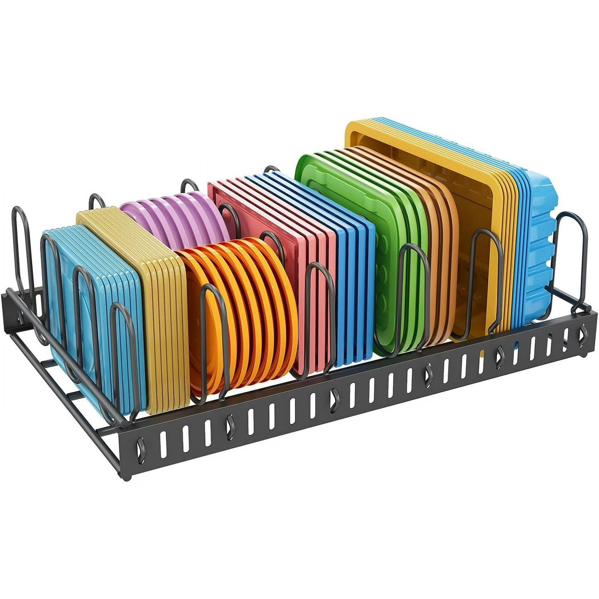 Metal Food Container Lid Organizer and Adjustable 6 Compartment Storage Container Lid Holder for Cabinets, Cupboards, Pantry Shelves, Drawers
