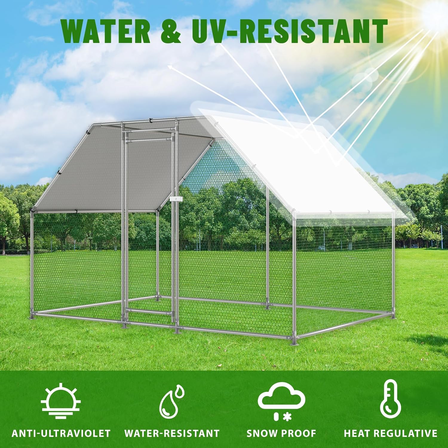 Walk-in Metal Chicken Coop with Water-Resistant UV Cover Outdoor Poultry Pen C5619