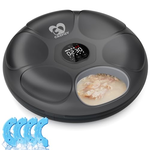 Casfuy Automatic Cat Feeder Cordless - Automatic Cat Food Dispenser with Stainless Steel Tray for Wet Food Rechargeable Auto Feeder for Cats Small Dogs with Programmable Timer Low Battery Indicator
