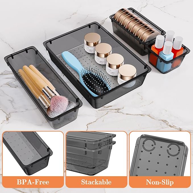 Plastic Drawer Organizer Set, 4-Size Trays & Storage Bins for Makeup, Jewelry, and Gadgets E54414