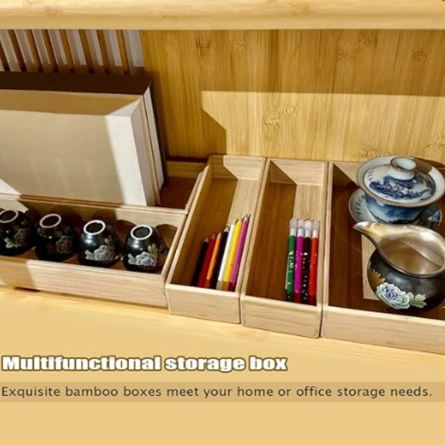 Bamboo Drawer Organizer Set of 5, Stackable Kitchen Utensil Storage Box F480