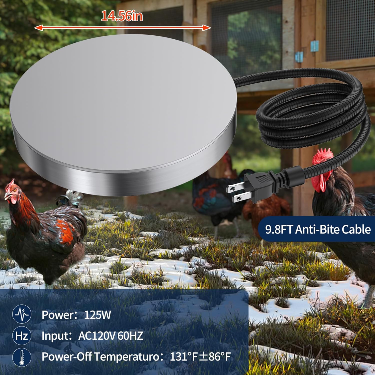 Chicken Water Heater, 15 Inch 125W Poultry Waterer Heated Base with 10FT Cable M6187