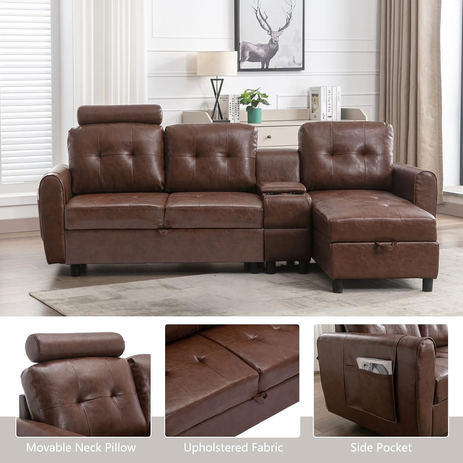 89" Sectional Storage Sofa, L Shaped Couch with Cup Holders & Adjustable Headrest, 3 Seat for Living Room C4164