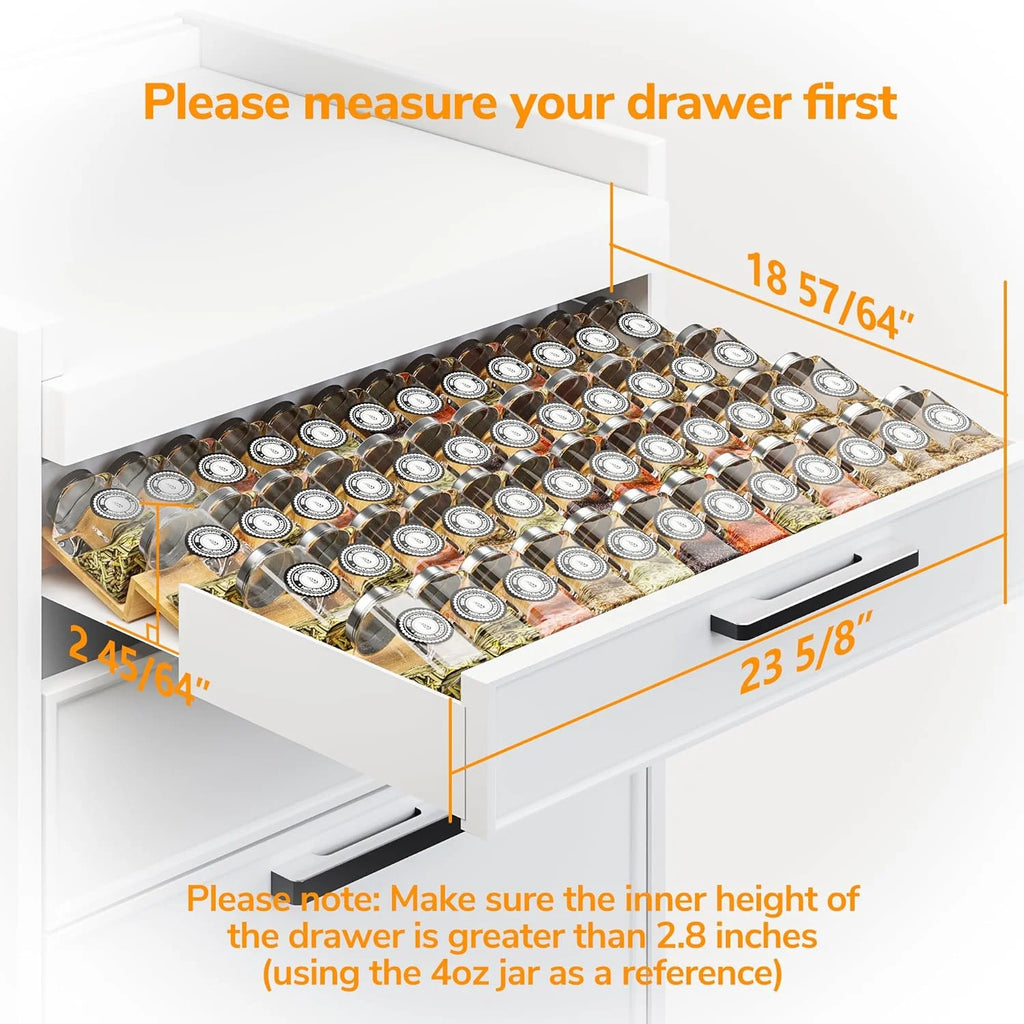 Bamboo Spice Drawer Organizer with Non-slip Mat, 4 Tier, Holds 48 Jars I596