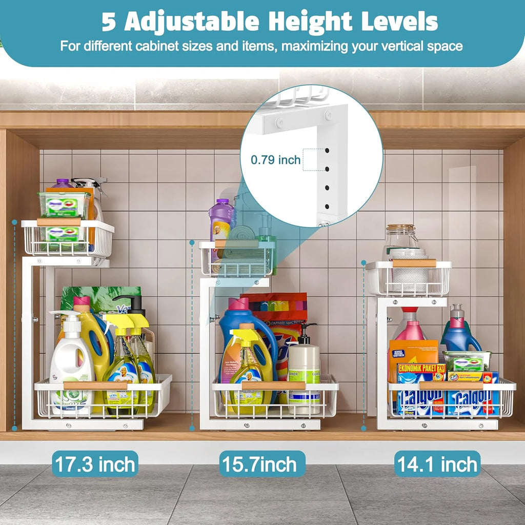 Under Sink Organizer 2 Pack, 2 Tier Slide Out Storage, Height Adjustable, White A7898