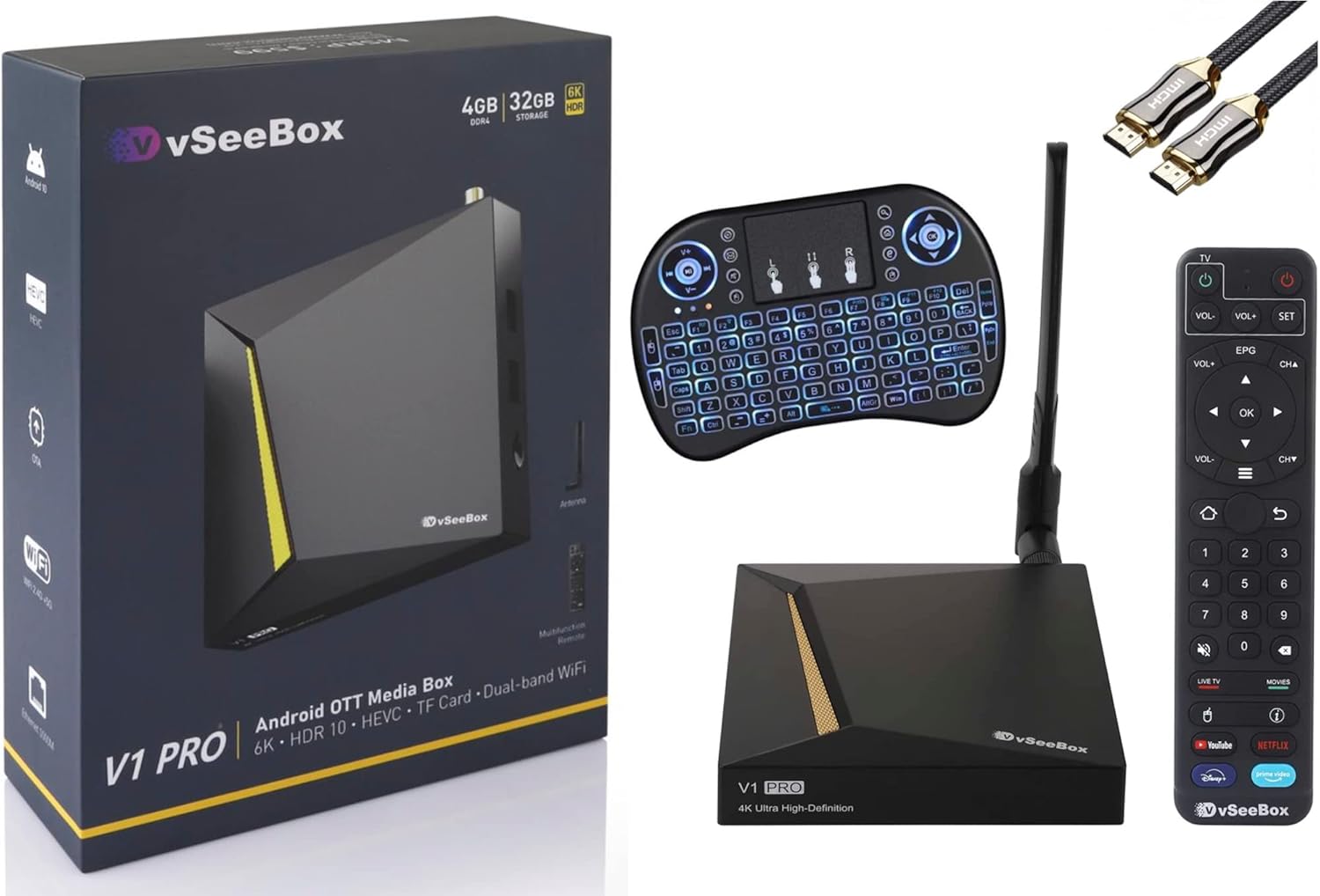 vSeeBox V1 Pro with Backlit Mini Keyboard / 8K HDMI Cable (4GB RAM + 32GB ROM)
