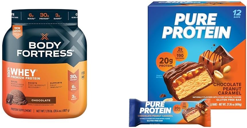 Body Fortress 100% Whey Protein Powder Chocolate 1.78lbs + Pure Protein Bars Chocolate Peanut Caramel 12 Count 1.76oz