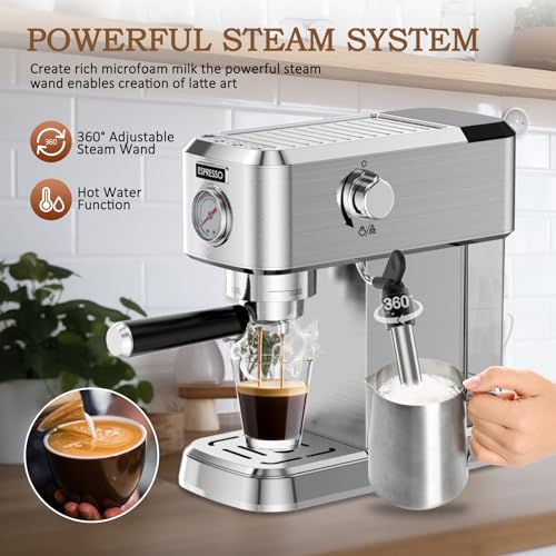 Espresso Machine, 20 Bar with Milk Frother, Compact Stainless Steel, 50oz Water Tank S2510
