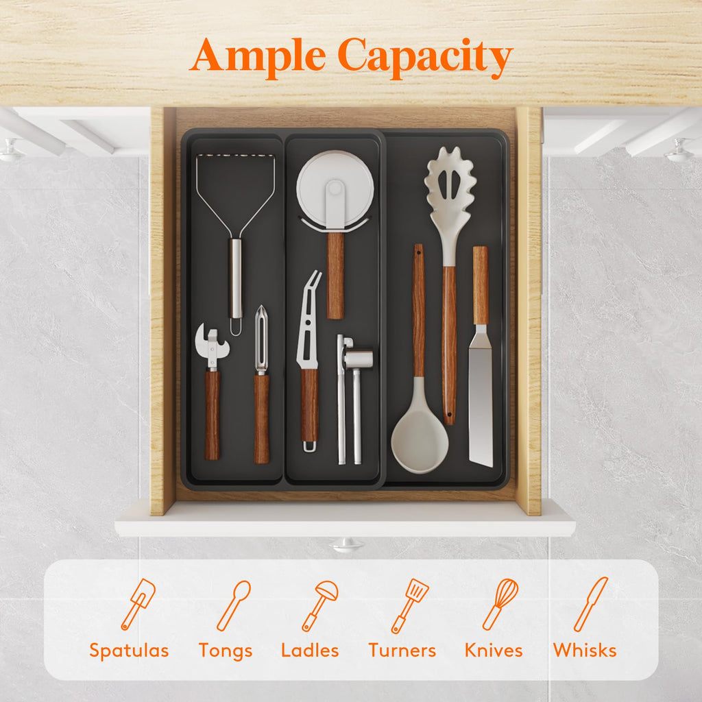 Expandable cutlery tray for kitchen utensils, 3 sections, black S83794