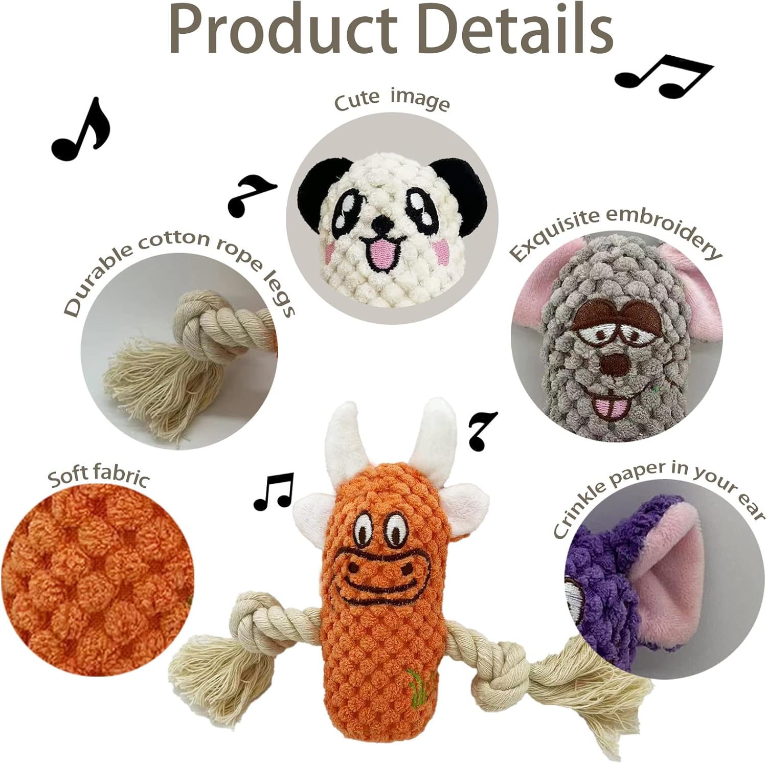 Squeak Plush Dog Toys, 6 Pack Cotton Rope Chew Toys for Puppy and Small Dogs A20076