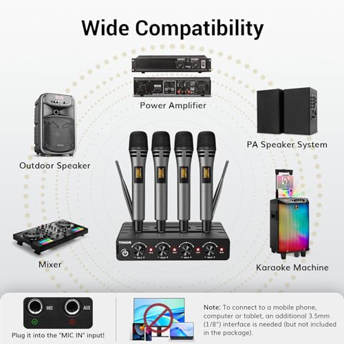 Wireless Microphone System with 4x10 Channels, 200FT UHF Range for Karaoke Party Church Wedding M1686