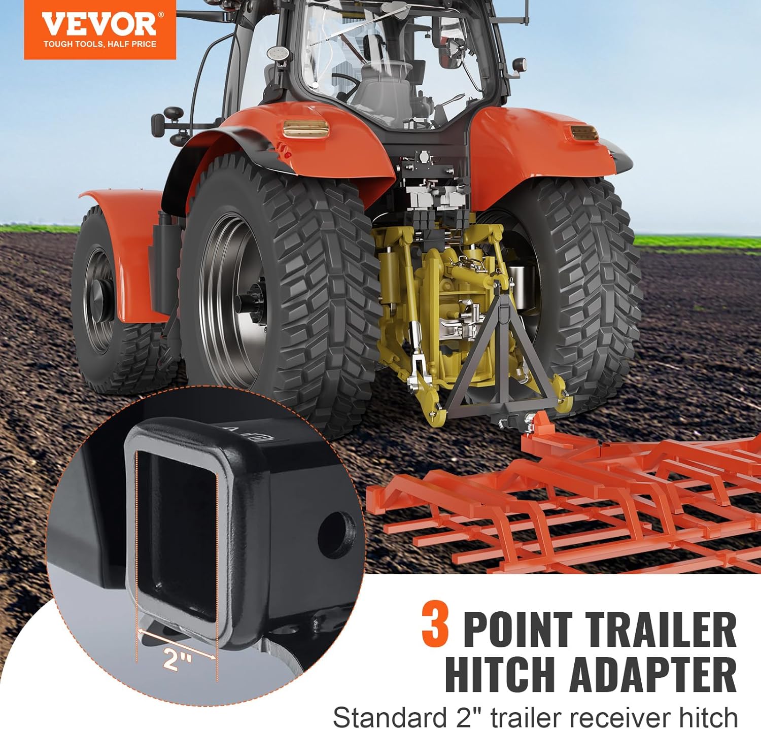 3 Point Hitch Receiver 2" Trailer Hitch Tractor Tow Drawbar Adapter with Pins C457