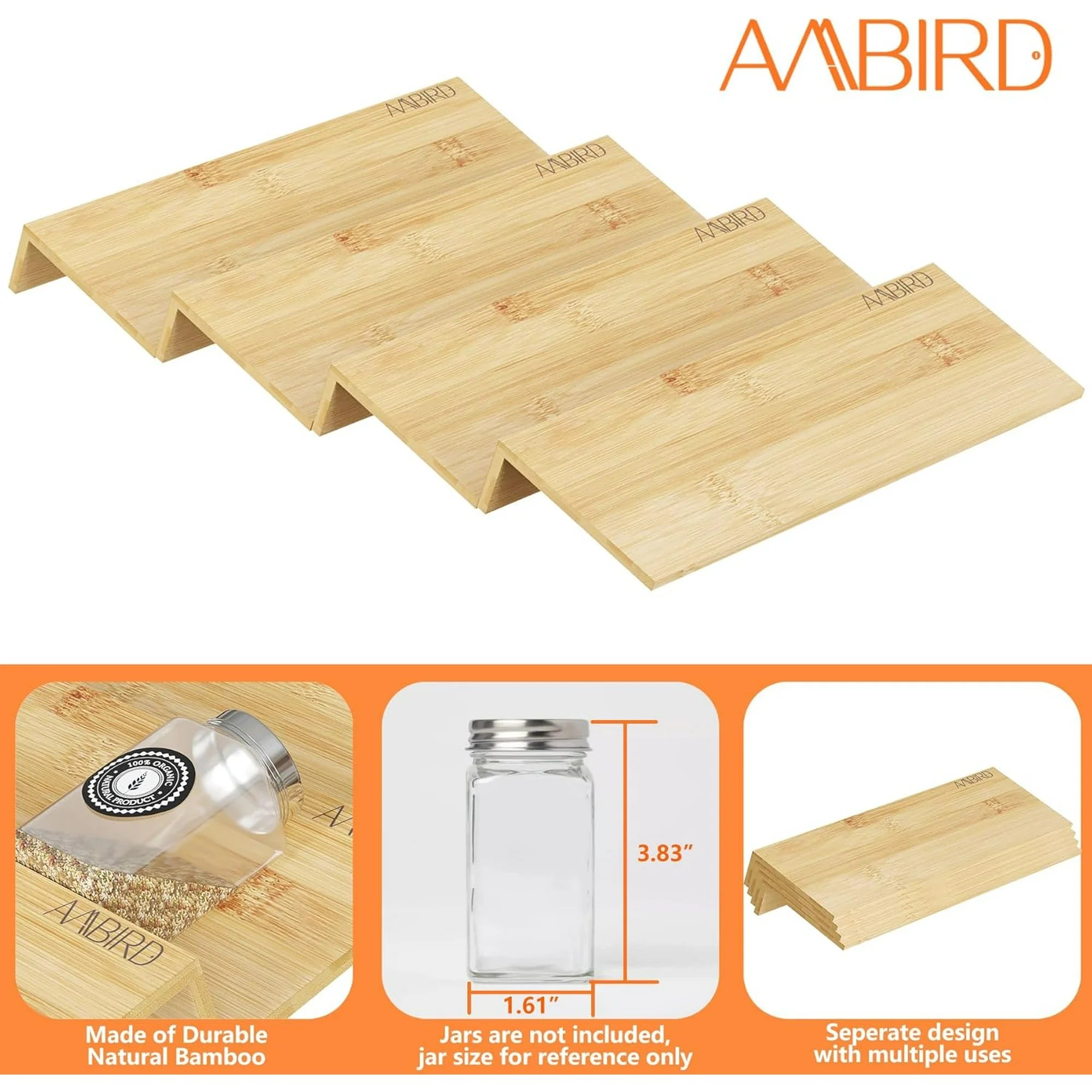 Bamboo Spice Drawer Organizer with Non-slip Mat, 4 Tier, Holds 48 Jars I596