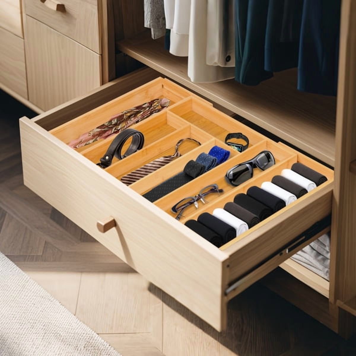 Expandable Bamboo Kitchen Drawer Organizer – Adjustable cutlery tray for cutlery, silverware and cutlery – 5 to 7 slot bamboo drawer divider for kitchen storage (natural bamboo)