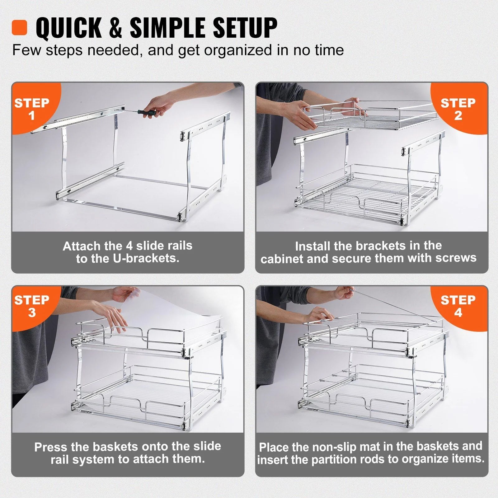 2 Tier Slide Out Cabinet Organizer, 17 Inch Wide, Chrome Steel Shelves W340