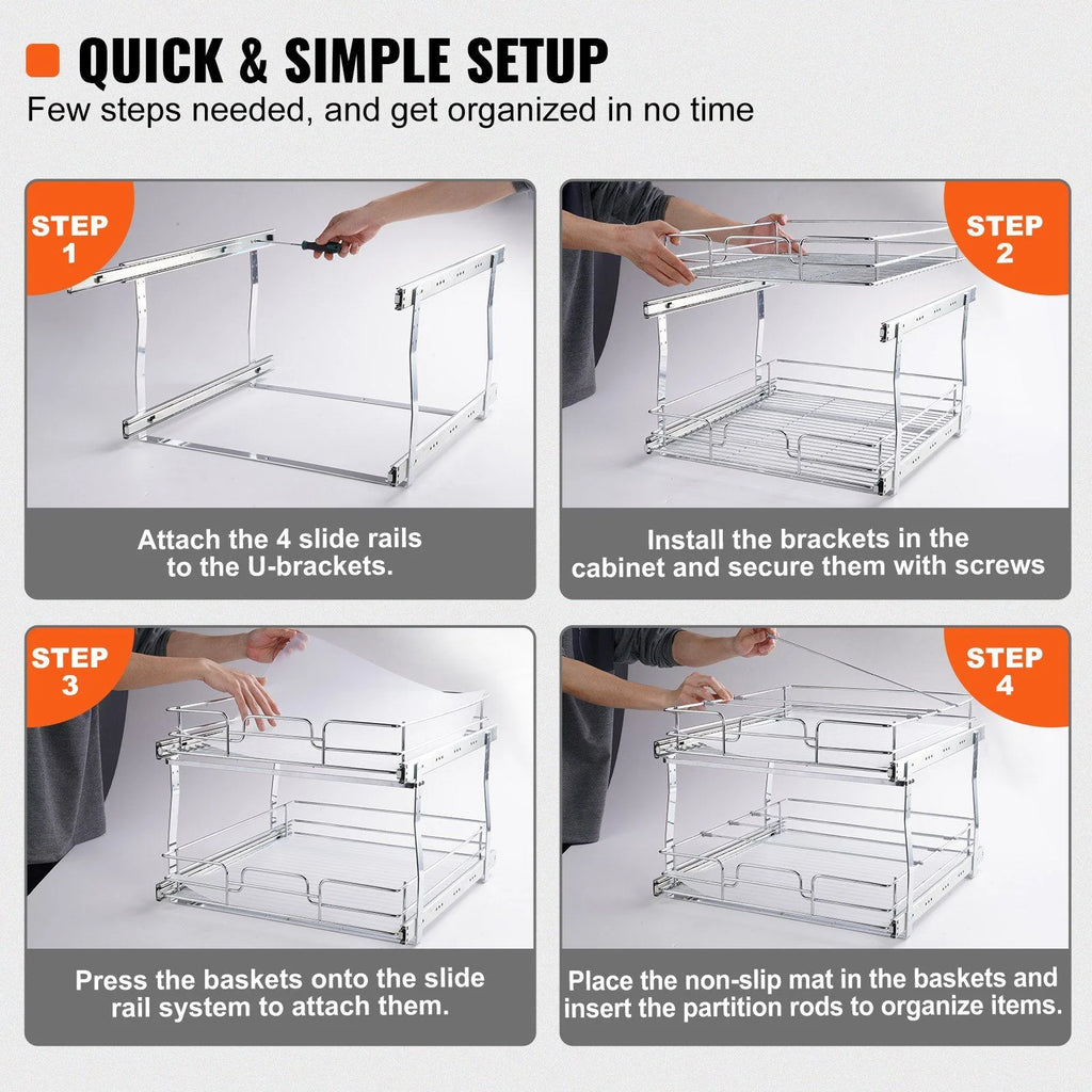 Pull Out Cabinet Organizer, Chrome Steel, 2-Tier F619802