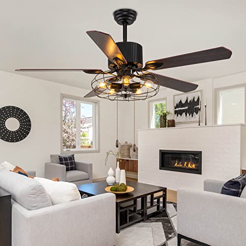 Caged Ceiling Fan with Lights Remote Control, 52" Industrial Black, 5 Reversible Blades L834504