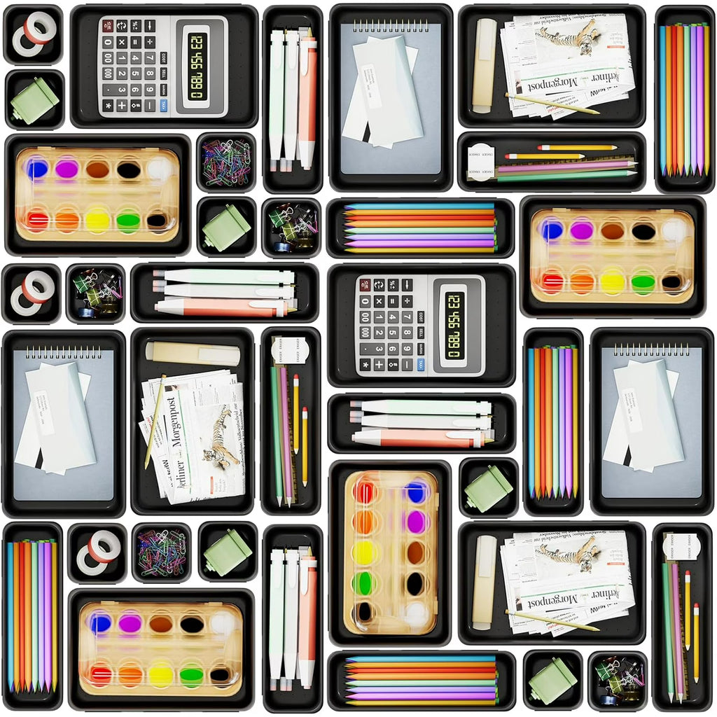 45 Pack Desk Drawer Organizer Tray, 3 Sizes Plastic Drawers Organizer Storage for Kitchen, Bathroom, Office, Vanity, Makeup, Utensils, Junk Drawer Organizer Bins, Gadget Trays for Organizing.