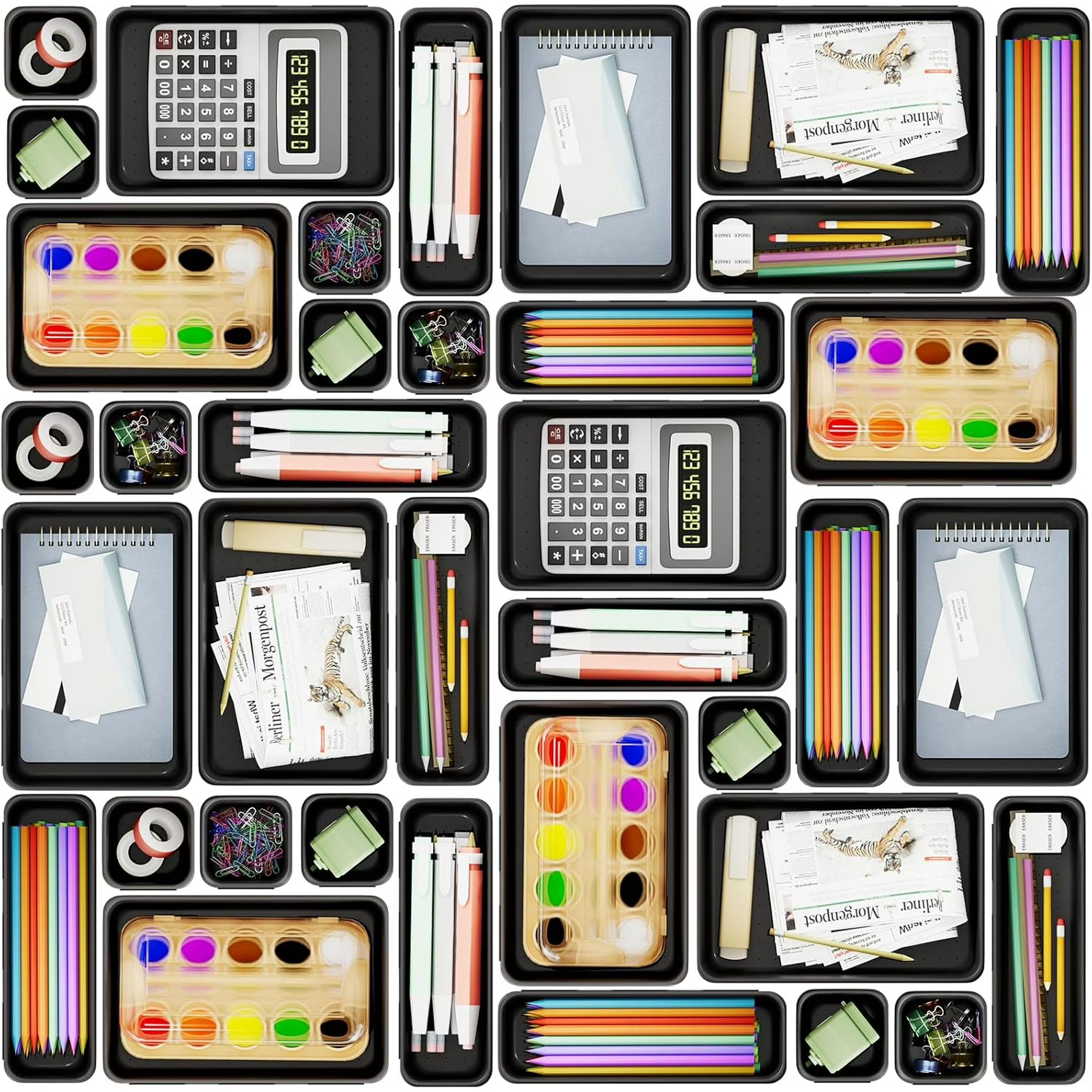 45 Pack Desk Drawer Organizer Tray, 3 Sizes Plastic Drawers Organizer Storage for Kitchen, Bathroom, Office, Vanity, Makeup, Utensils, Junk Drawer Organizer Bins, Gadget Trays for Organizing.