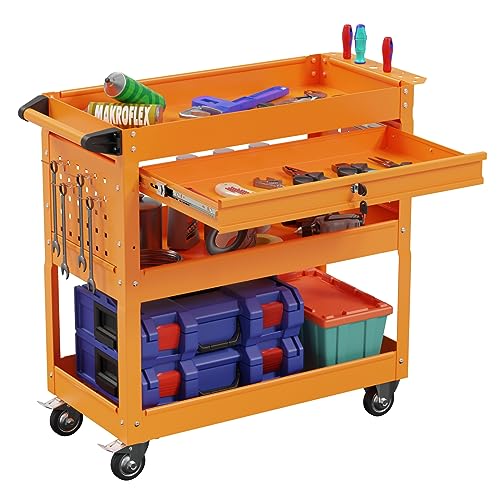 3-Tier Heavy Duty Utility Cart on Wheels, Rolling Tool Cart on Wheels with a Drawer, 350 Lbs Load Capacity Service Cart for Warehous, Garage and Repair Shop (Black)