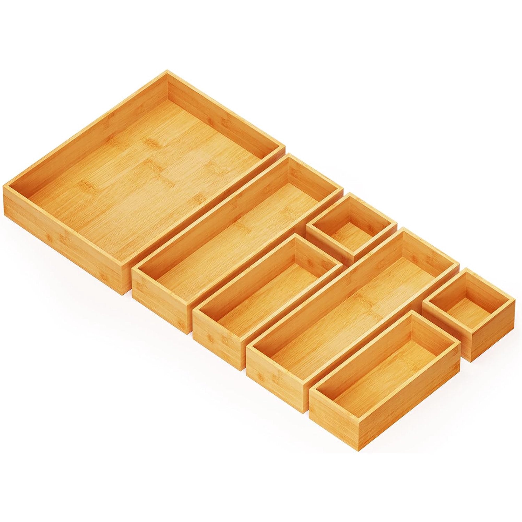 7-Piece Bamboo Drawer Organizer Storage Boxes Set, Wood Tray Junk Drawer Organizers Multi-Use Divider Bins for Kitchen, Bathroom, Office Desk and Makeup Organization (7 Pack, Natural)