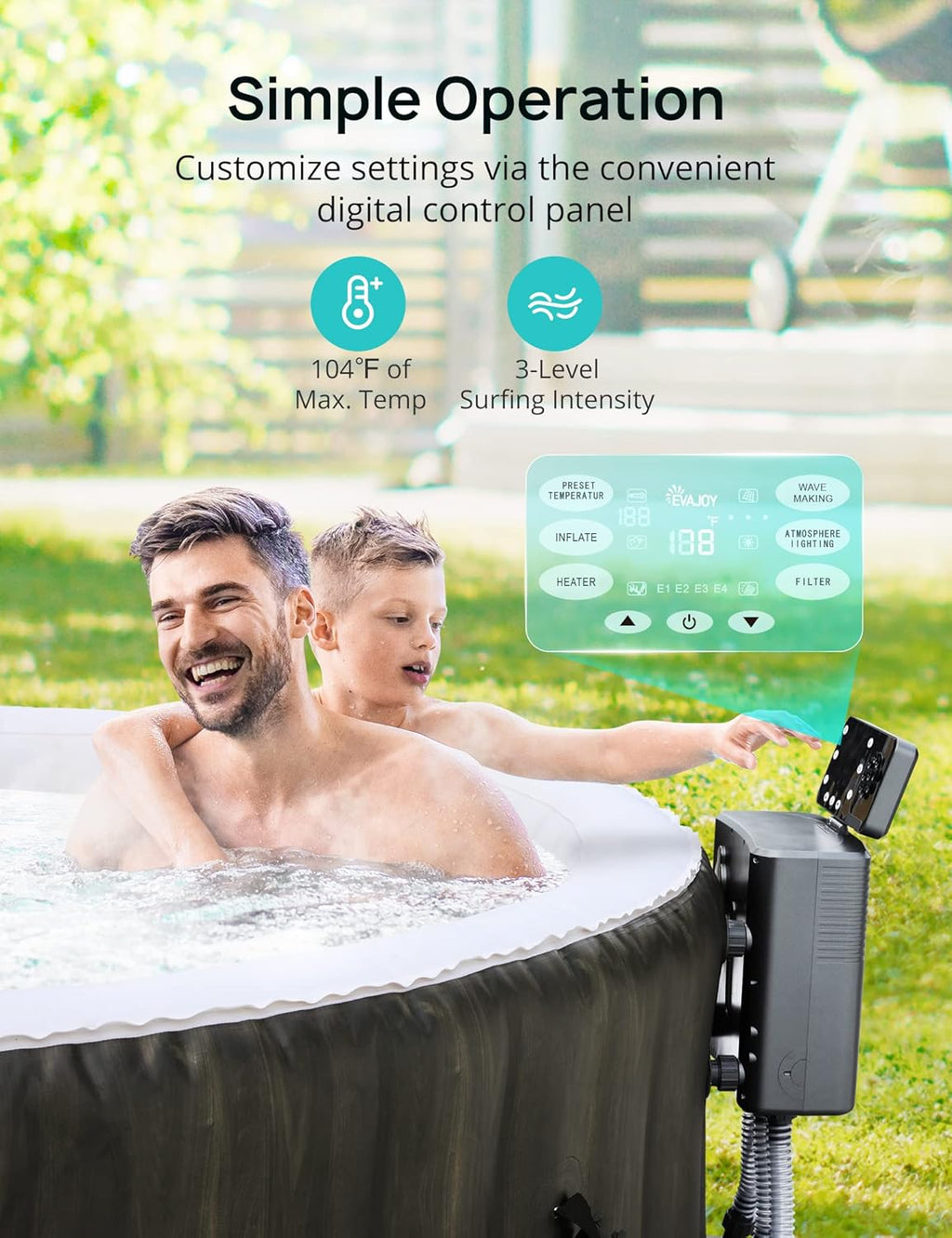 Portable Inflatable Hot Tub with LED and Heater Pump, 140 Air Jets, 4-6 Adults T698054