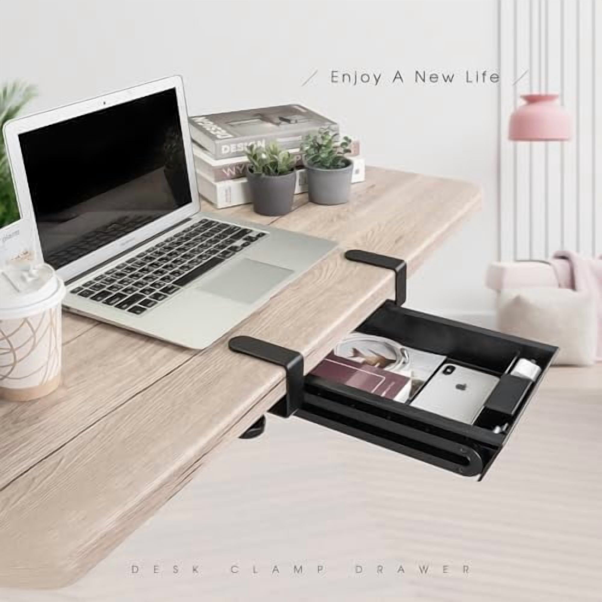 Under Desk Slide-Out Storage Drawer, Small Pull-Out Organizer with Adjustable C-Clamp Mount, Black Tray Q18935