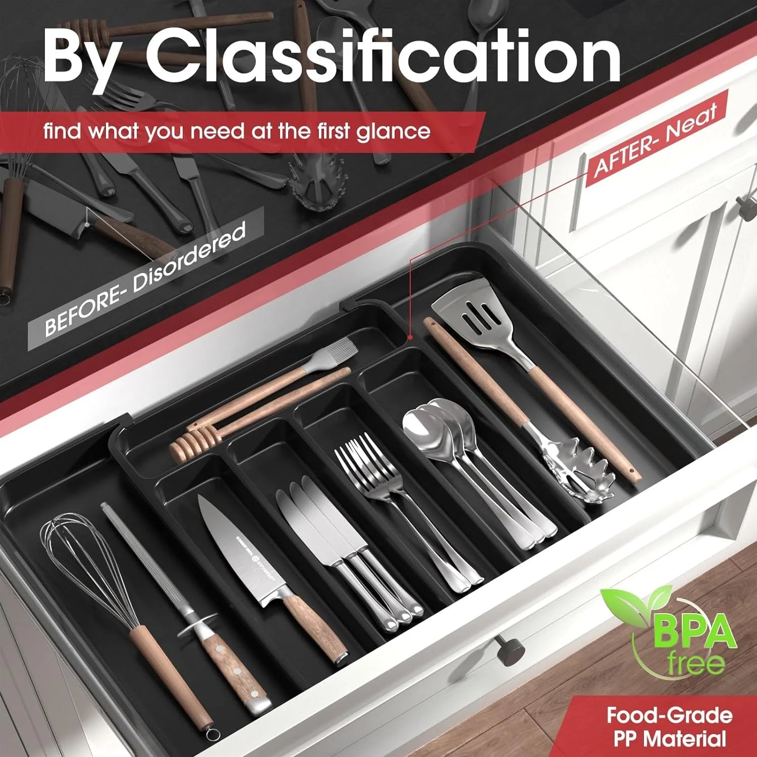 Expandable Silverware Organizer, Adjustable Cutlery Tray for Kitchen Drawer W3477