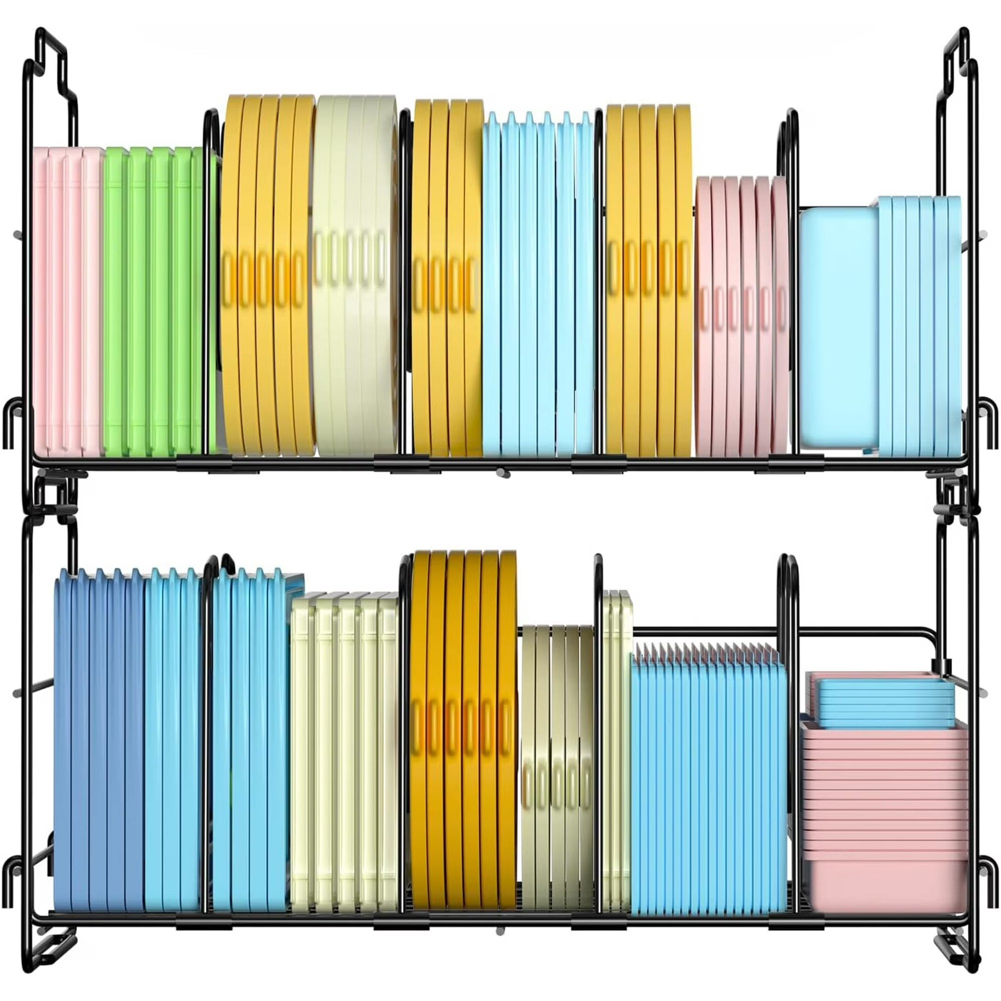 Food Container Lid Organizer, Large Capacity Adjustable 4 Dividers Detachable Lid Organizer Rack for Kitchen Cabinets, Drawers, Plastic Lid Organizer For Pantry Shelves, Cupboards, Black