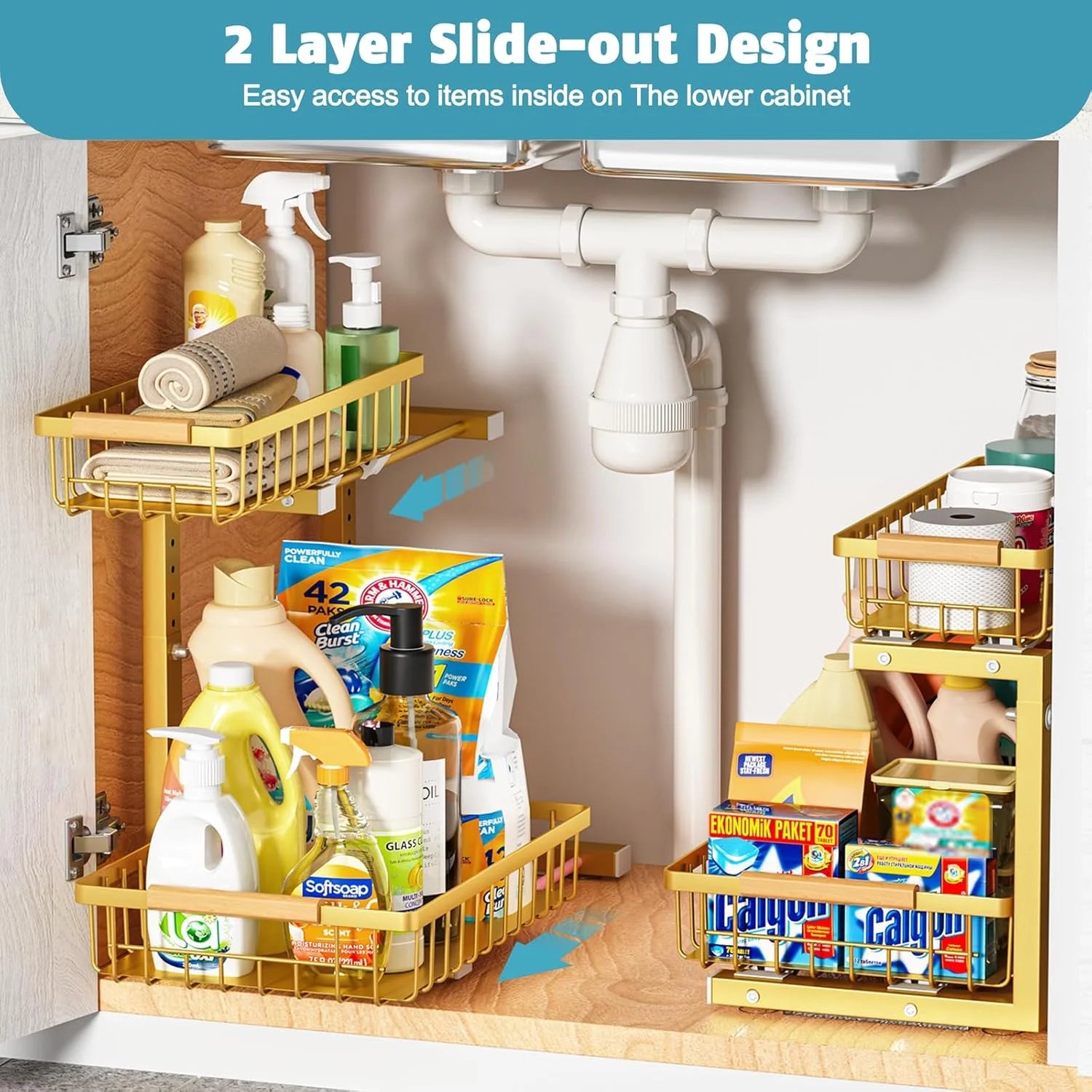 Under Sink Organizer 2 Pack, Height Adjustable, 2 Tier Pull Out Storage Shelf, Metal, Gold I717568