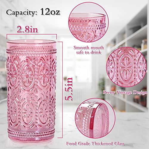 6 Pack Pink Glassware Drinking Glasses, 12oz Embossed Highball Cups Y65163
