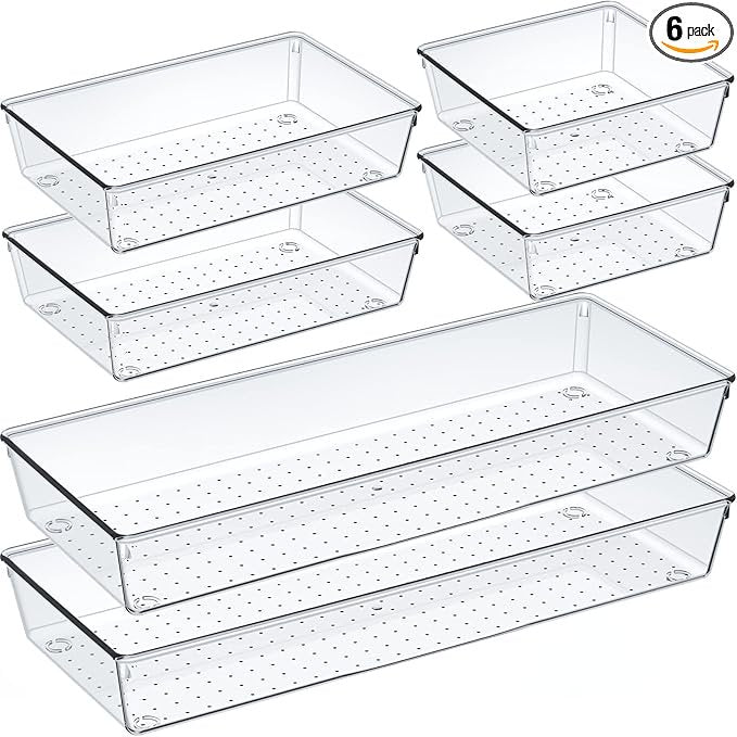 6 Pcs Large Size Clear Drawer Organizer Set, Acrylic Non Slip Non Cracking Kitchen Drawer Storage Tray Divider, Multifunctional Storage for Cosmetics, Bathroom, Tools, Kitchen and Office