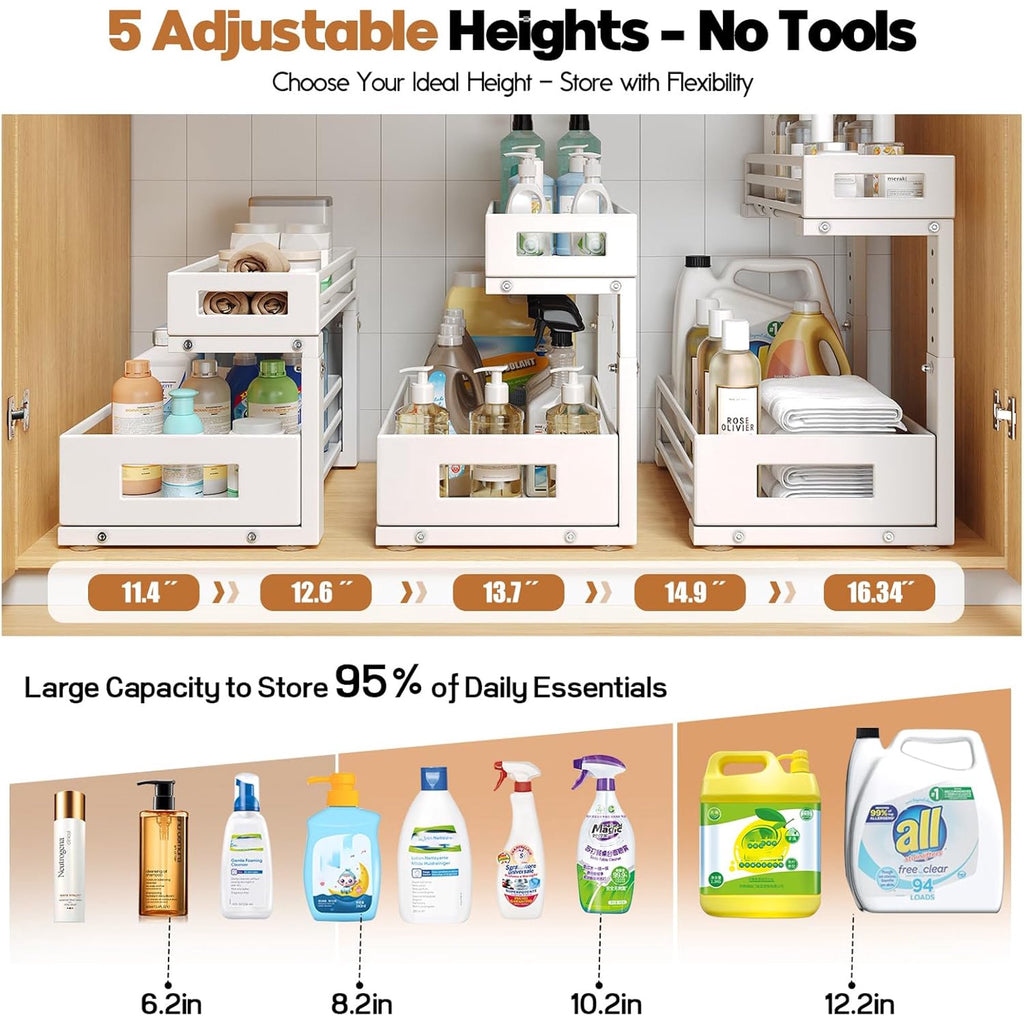 Under Sink Organizer 2-Tier Pull Out Cabinet Shelf, Adjustable Storage for Kitchen and Bathroom A14861