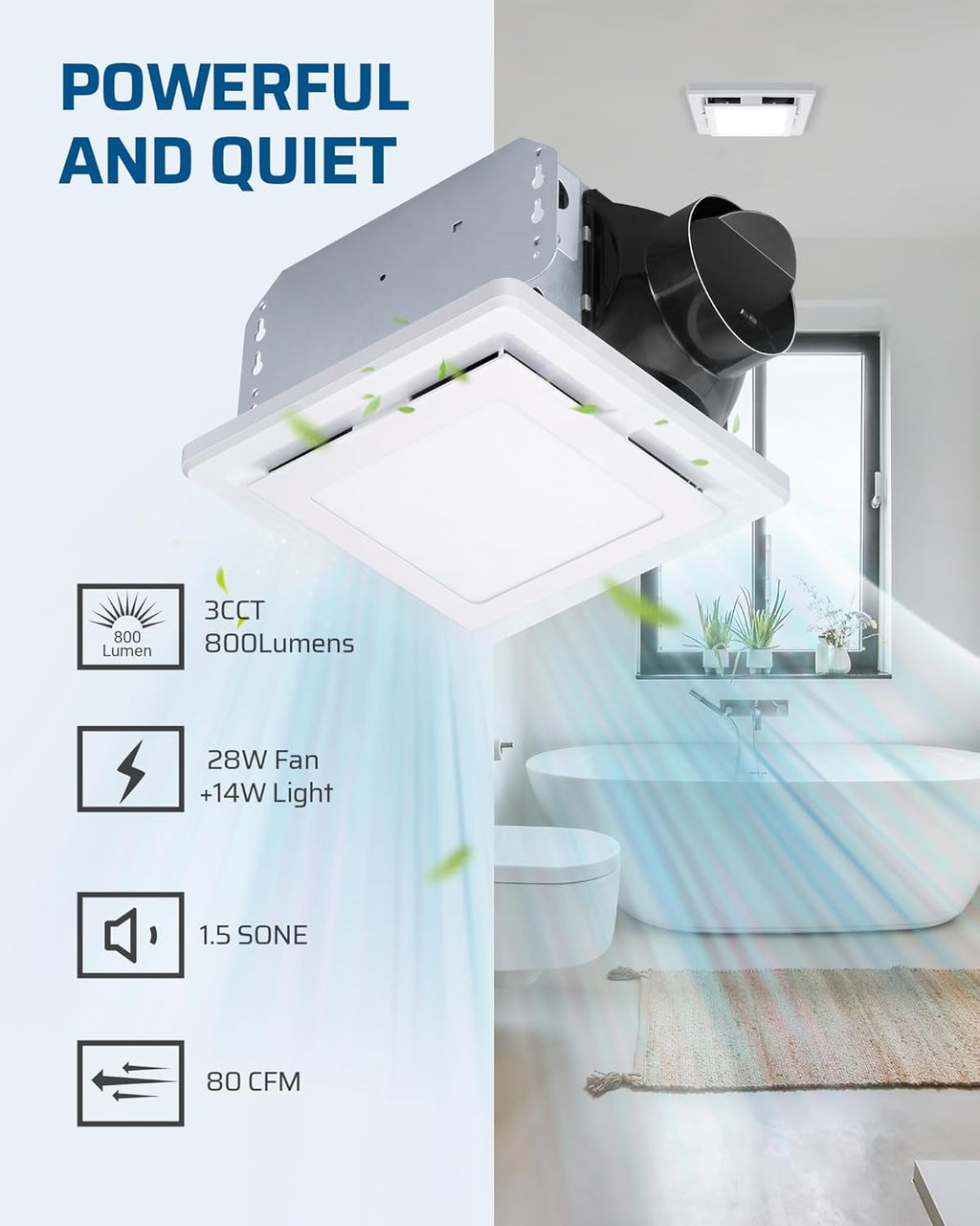 Bathroom Exhaust Fan with Light, 14W Ceiling Mount Ventilation, 80 CFM, 800lm LED, White O807911