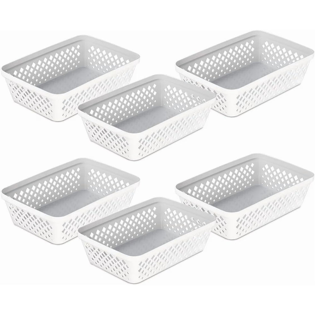 Plastic Storage Basket Set - Multipurpose Drawer Trays, Kitchen Pantry Containers, and Bathroom Bins - 6 Pack Medium Organizers, White