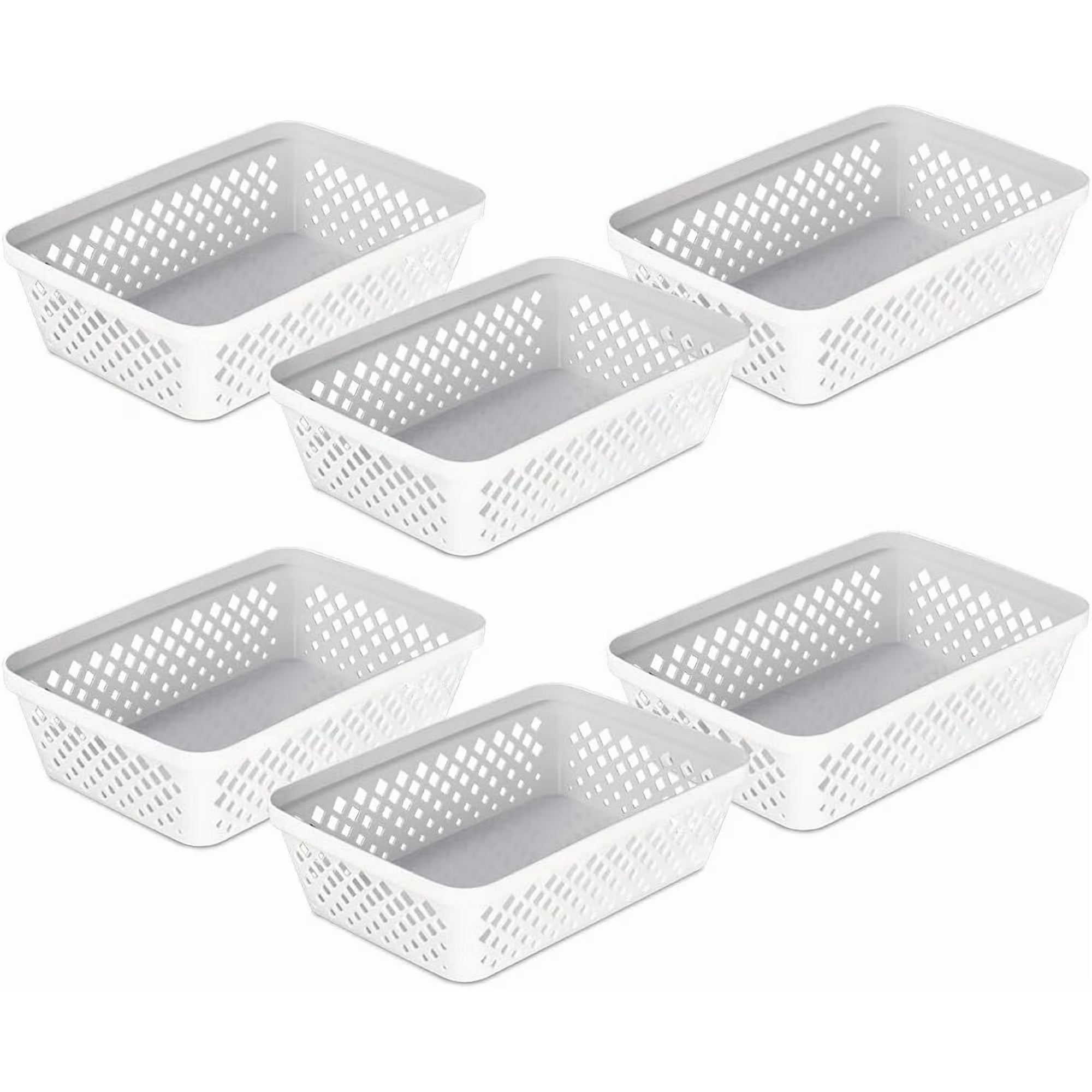Plastic Storage Basket Set - Multipurpose Drawer Trays, Kitchen Pantry Containers, and Bathroom Bins - 6 Pack Medium Organizers, White