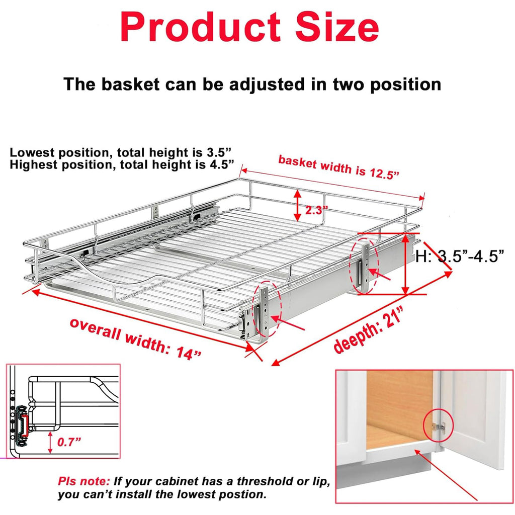 Pull Out Cabinet Organizer 14W x 21D, Heavy-Duty Slide Out Shelf Wire Basket T924