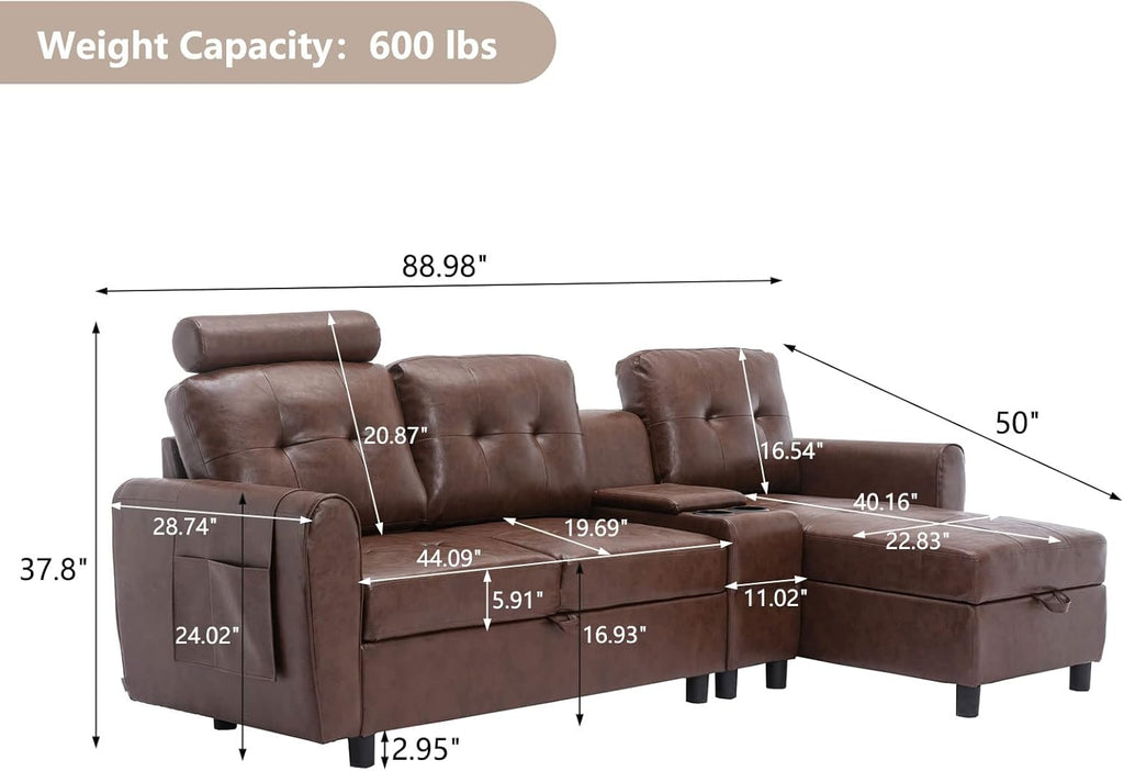 89" Sectional Storage Sofa, L Shaped Couch with Cup Holders & Adjustable Headrest, 3 Seat for Living Room C4164