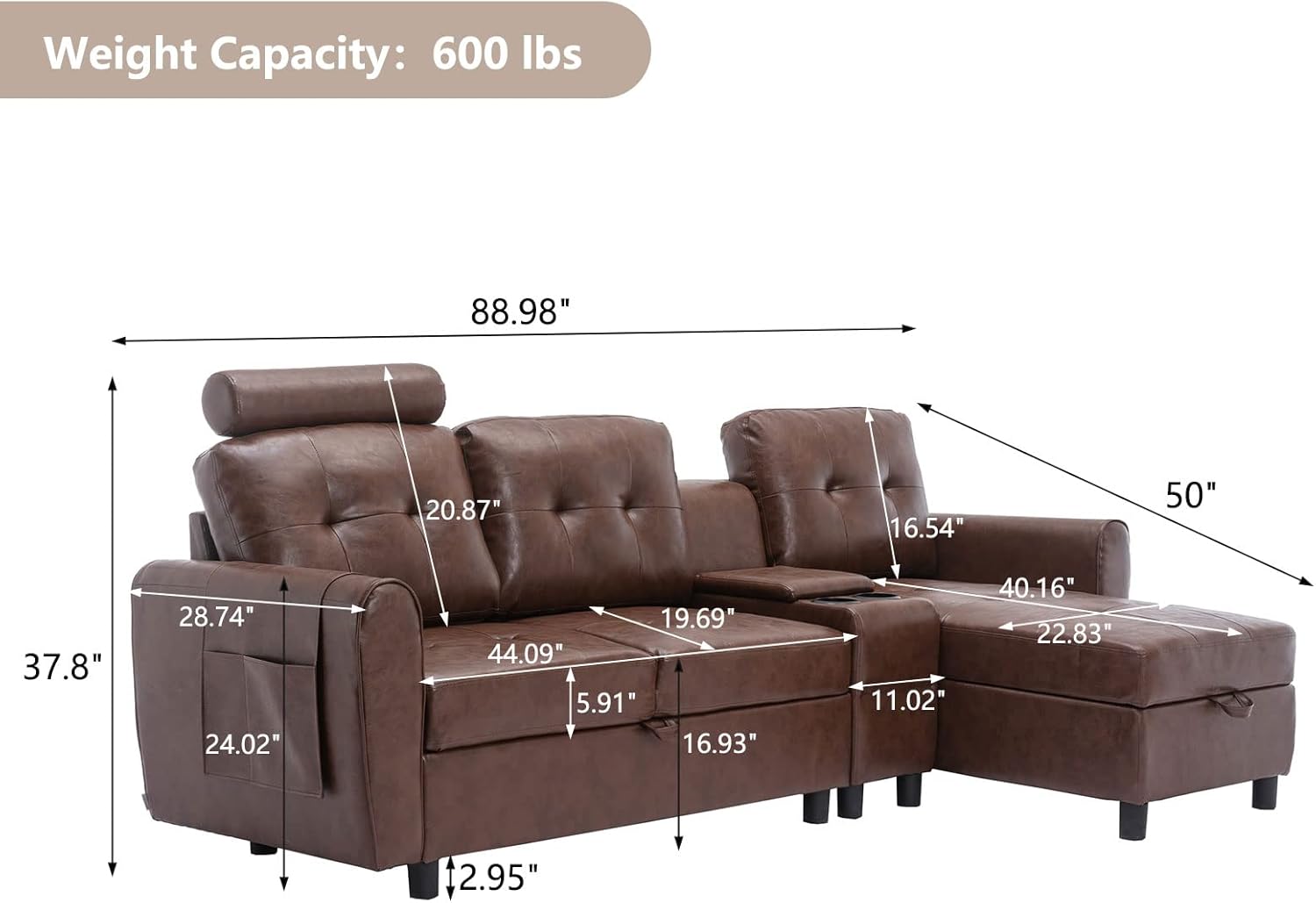 89" Sectional Storage Sofa, L Shaped Couch with Cup Holders & Adjustable Headrest, 3 Seat for Living Room C4164