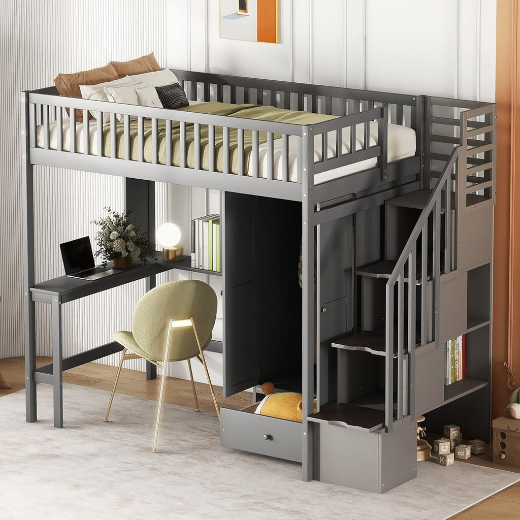 Loft Bed with Bookshelf Desk and Wardrobe Grey H653